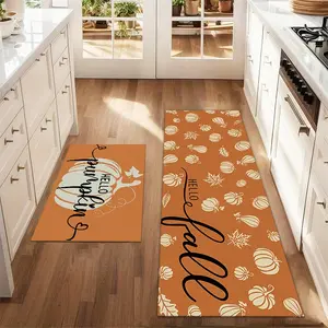 2Pcs Hello, autumn pumpkins, maple leaves, orange background Floor mat set for farmhouse kitchen Rug restaurant floor laundry room decor carpet mat