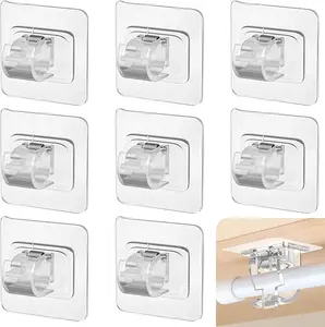 8PCS Renter Friendly No Drill Curtain Rod Brackets - Self Adhesive Adjustable Holder for Apartment, Dorm, Rental - Nail Free Hooks for Bathroom, Kitchen Over Blinds multipurpose (Transparent)