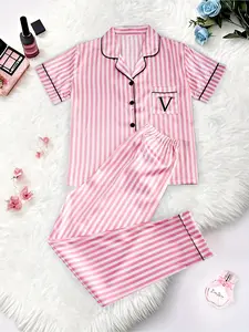 Classic striped printed pocket letter-embroidered short-sleeved and long-sleeved pajama set, elegant home wear with contrasting colors, hemmed lapels and buttoned buttons