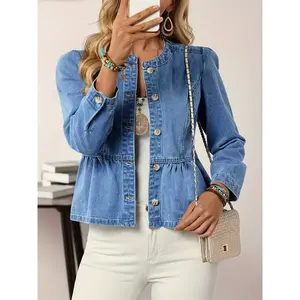 Women’s stretch denim long-sleeved jacket, retro hand-sewn button design, everyday casual fashion jacket GARMENTARY