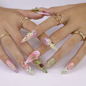 Handmade 3D Ladybug with Bee Press On Nails, Spring Nail Art for Holiday