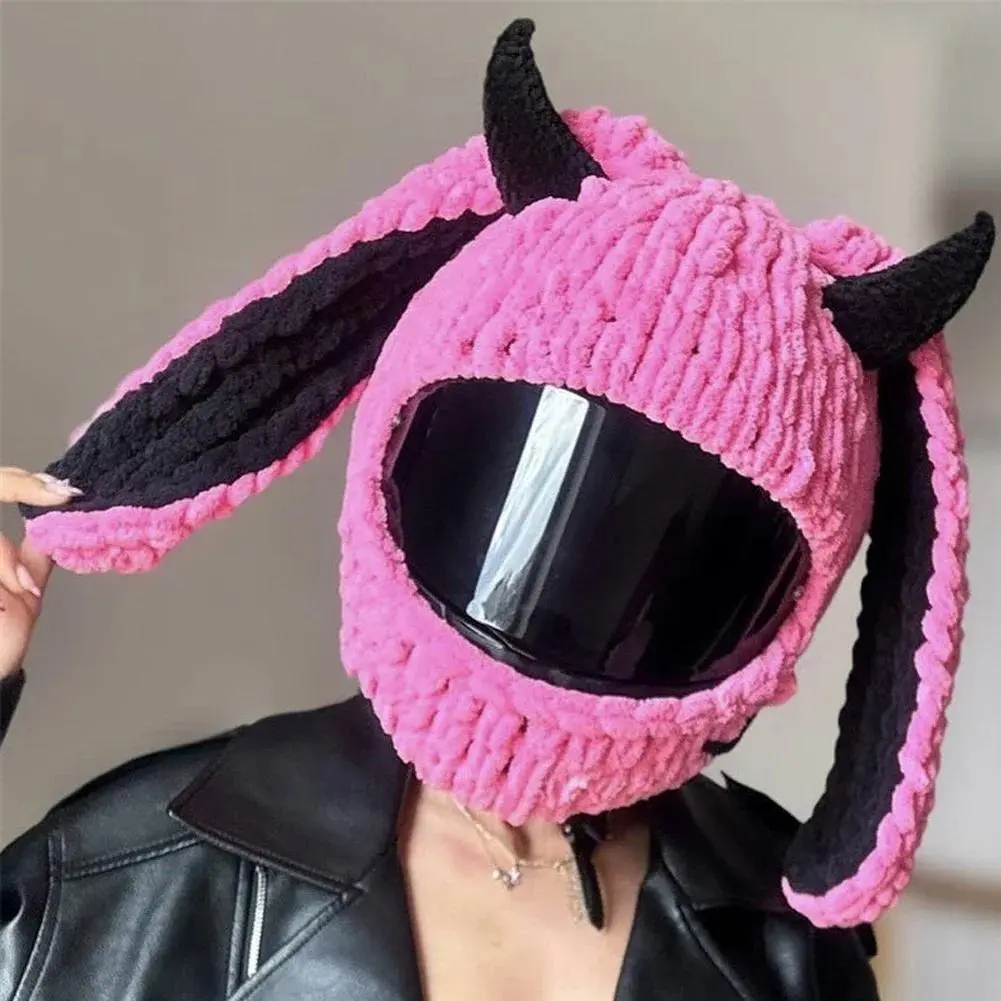Motorcycle Helmet Cover Cute Cat Ear Helmet Knitted Cover Handmade Thick Velvet Hat Cover for Women Girl Cosplay Styling