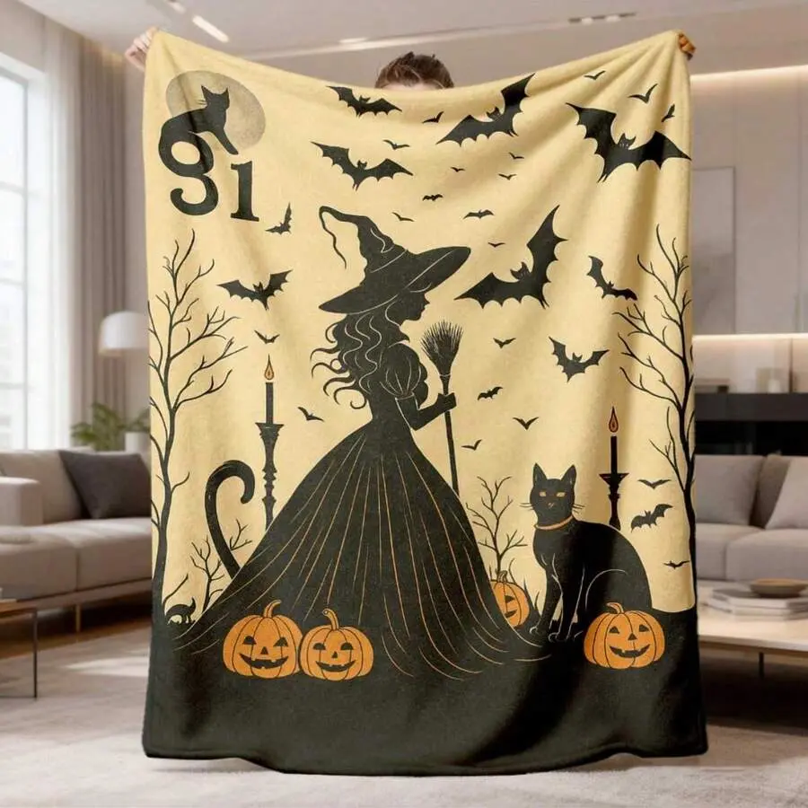 1 Piece Witch-Themed Flannel Blanket, Soft, Lightweight, And Comfortable, Perfect For Beds, Sofas, Workplaces, Camping, And Travel. Recommended As A Versatile Gift, Can Be Used As A Bedspread, Throw Blanket, Couple's