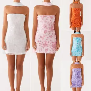 Women Beaded Floral Tube Top Dress,Sparkly Sequin Off Shoulder Sleeveless Open Back Mini Bodycon Dress, Ladies Dress for Indoor Outdoor Wear, Ladies Clothes for Daily Wear