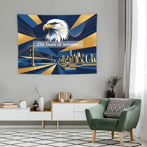 250 Years of America Modern Blue Gold Bald Eagle Tapestry, Luxury Usa Patriotic Wall Hanging, Aesthetic Wall Art for Home Office