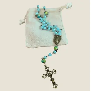 Sea-foam Rosary with Turquoise Beads and Gold Cross in Linen Pouch for Devotional Use Beaded Necklace