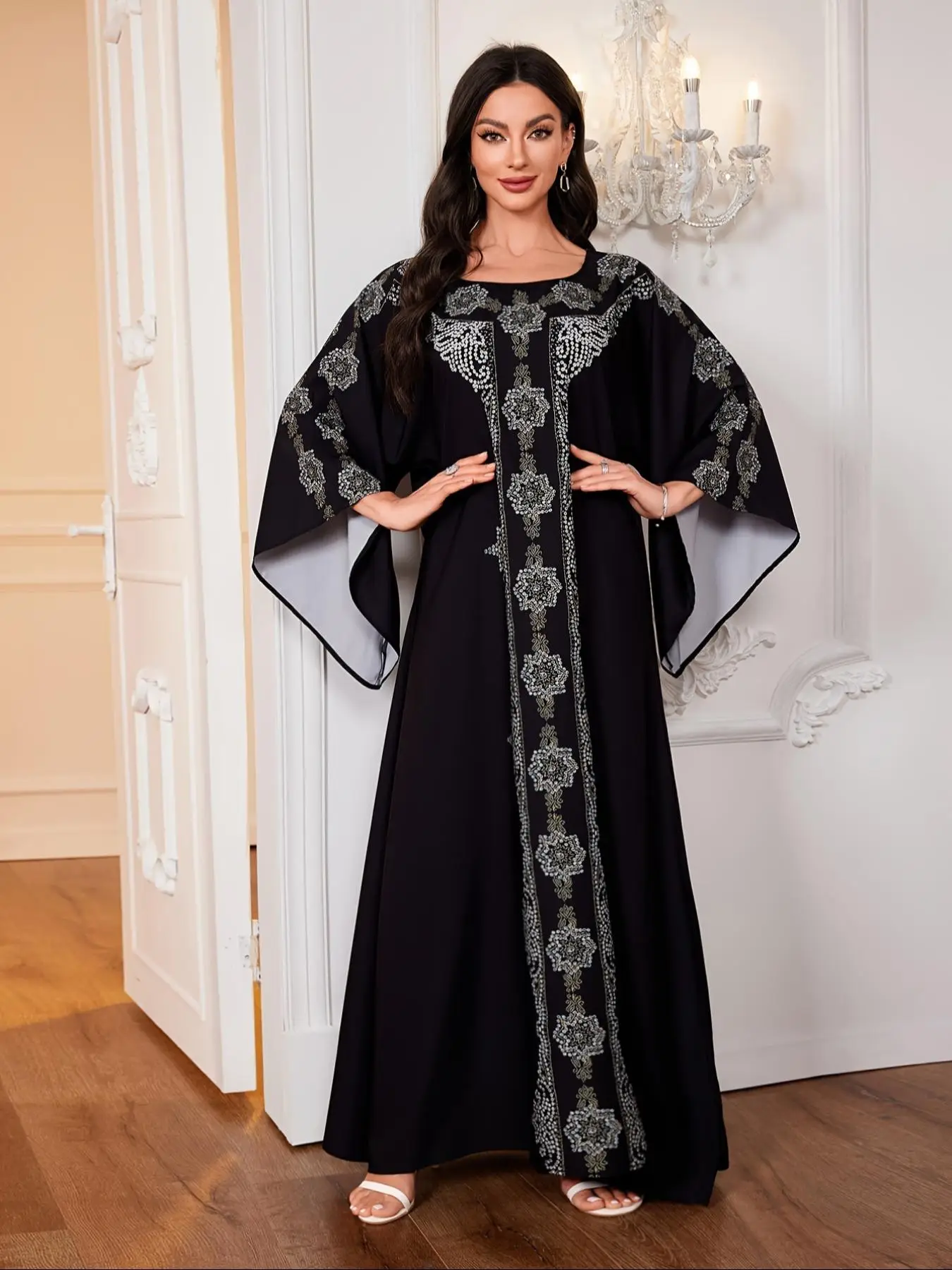 Women's Ethnic Pattern Round Neck Kaftan, Modest 3/4 Sleeve Maxi Dress for Daily Wear, Ladies Islamic Clothing for All Seasons