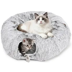 Cat Tunnel Bed for Indoor Cats -Tunnel Toys for Small Large Cats with Washable Circle Cushion, 3 FT Diameter Longer Crinkle Collapsible 3 Way, Round Pet Peekaboo Cave Toy for Kitten/Puppy/Rabbit
