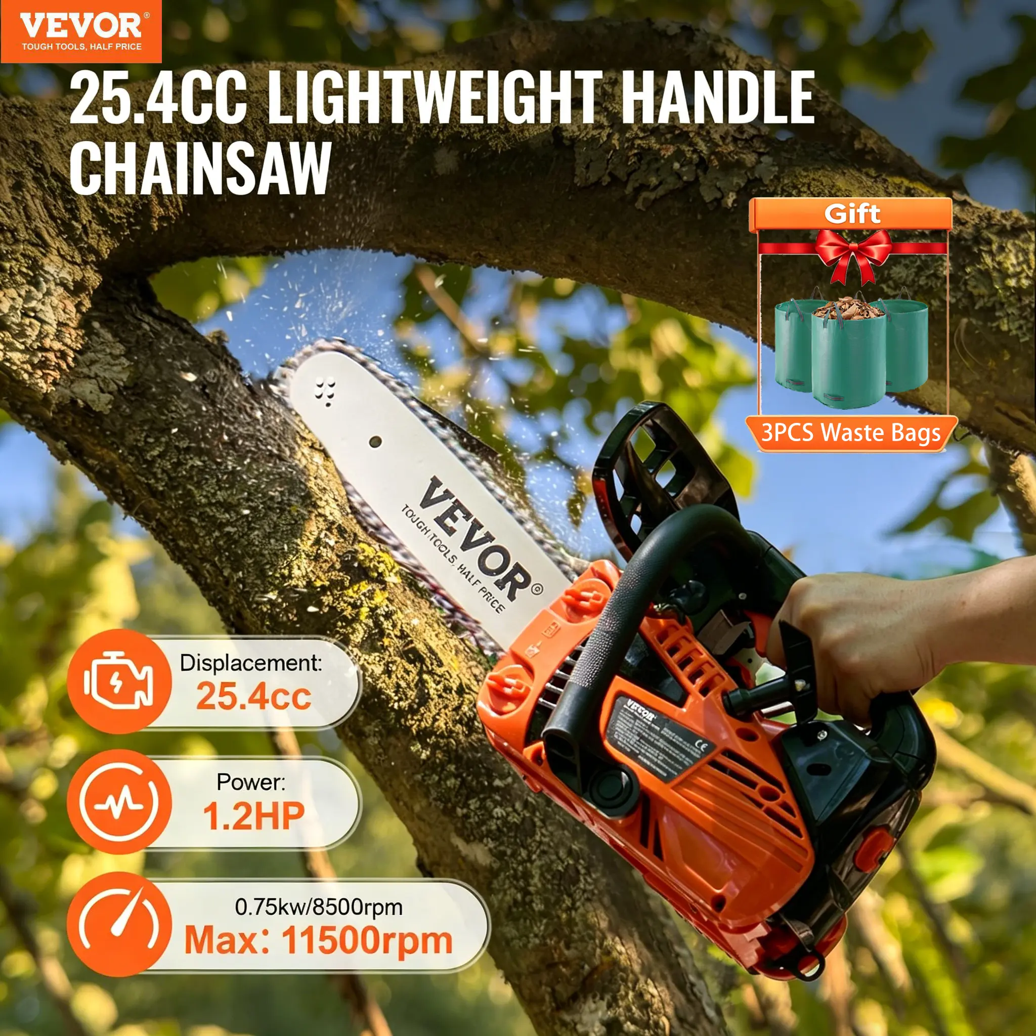 【Gift 3waste bags】VEVOR Lightweight Steel Gas Chainsaw, 25.4CC 12" 1.2 HP Power, Gasoline-Powered Handheld Petrol Chainsaw, Dad Gifts for Tree Cutting & Land Clearing, Outdoor Gadgets with Chains & Tools