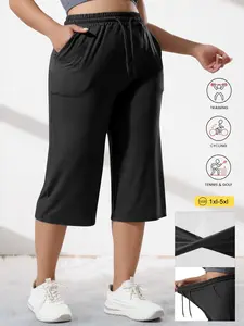 Women's Plus Size Wide Leg Pants with Pockets, Adjustable Waist Drawstring, Casual Commuter Pants, Seven-Quarter Length, Daily Wear Womenswear Fit Basic Bottom, Drawstring Loose Fit