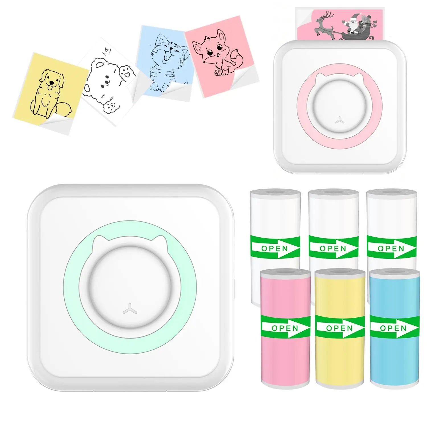 Portable Mini Printer, 1 Set Portable Wireless Photo Printer with 6 Rolls Paper, USB Rechargeable Label Printer for Home Office School