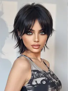 12 Inch Natural Wig, Short Hair with Bangs, Layered Wolf Tail Design, Fashionable Full Head Set, All Seasons Wear, Synthetic Material Wigs