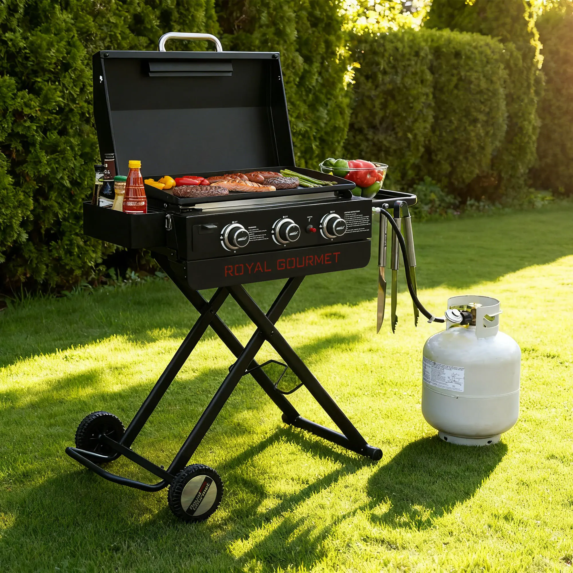 Royal Gourmet PD3001 23-Inch Portable 3-Burner Gas Griddle with Folding Stand, 25,500 BTU Outdoor Flat Top Grill with Side Shelf & Spice Rack, 314 Sq. In. Ceramic-Coated Cooking Surface for Camping, Tailgating & Backyard BBQ, Black Travel Portable Bbqs