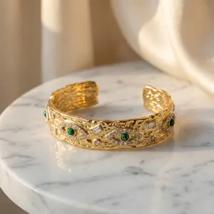 Women's Gold-Tone Evil Eye Cuff Bracelet, Vintage Hammered Texture Bangle with Green Stone Accent, Open Design Fashion Costume Jewelry for Female