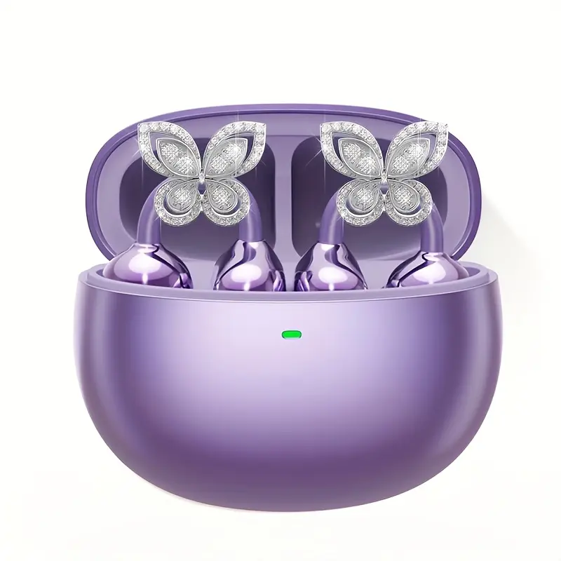 Women's Wireless Earbuds with Detachable Gemstone Earrings - Violet, 800mAh, High-Definition Stereo, Active Noise Cancellation, Behind-The-Ear Design, Stepless Volume Control, Call Control, No Jack, Plastic Stylish Audio Device