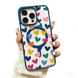 Trendy Magnetic Heart Graffiti Phone Case for iPhone 16 15 14 Pro Max Compatible with Wireless Charging Fits iPhone 11 12 13 Pro XS Max Stylish Design