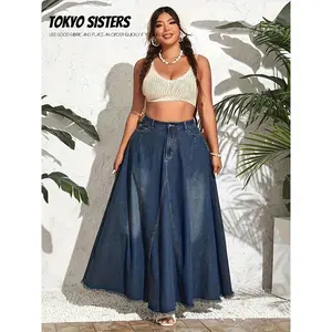 Plus Size Women's Retro High-Waisted Denim Skirt with Pockets - Mid-Length Flared Hem, Non-Stretch Blend, Machine Washable Casual Vintage Style for Spring Summer Fall, Jeans Skirt, Classic Five-Pocket Design