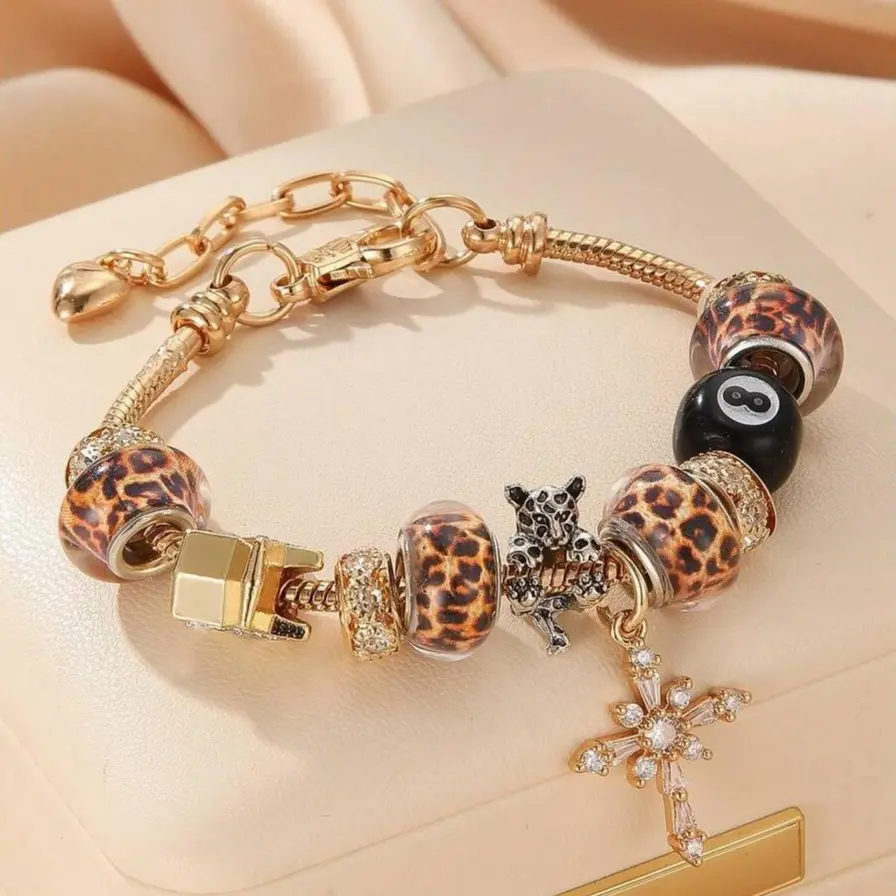1Pc Y2K Leopard Print Bracelet for Women - Adjustable Open Snake Chain Charm Bracelet Jewelry, Rhinestone Cross Pendant & 8 Ball Leopard Charms, Multi-Occasion Wear for Party Holiday Daily Outfits, Trendy Aesthetic Fashion Gift