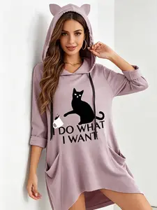 A large fashionable funny black cat print hoodie for women, spring and autumn design Cat's ears (Steamed cat-ear shaped bread) drawcord loose medium length slouchy top, suitable for all seasons, home, indoor and outdoor wear