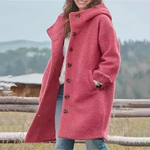 Fall Winter Women Overcoat Hooded Single-breasted Long Sleeves Windbreaker Mid Length Thick Warm Windproof Loose Daily Wear Coat Piece Clothes Tops Outfits Jacket Casual Chic Comfort Womenswear Button Outerwear Comfortable Elegance Essential
