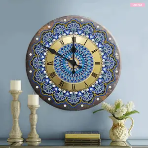 2D Flat DIY 5D Diamond Painting Clock Kits Metal Art Wall Clock Diamond Painting Wall Clock for Kitchen Bedroom Living Room