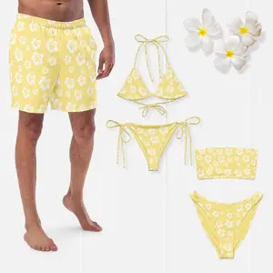 Matching His and Hers Y2K Butter Yellow Swimsuits: Tropical Lemon Bikini Separates for Couples Matching Couple Swimwear Set