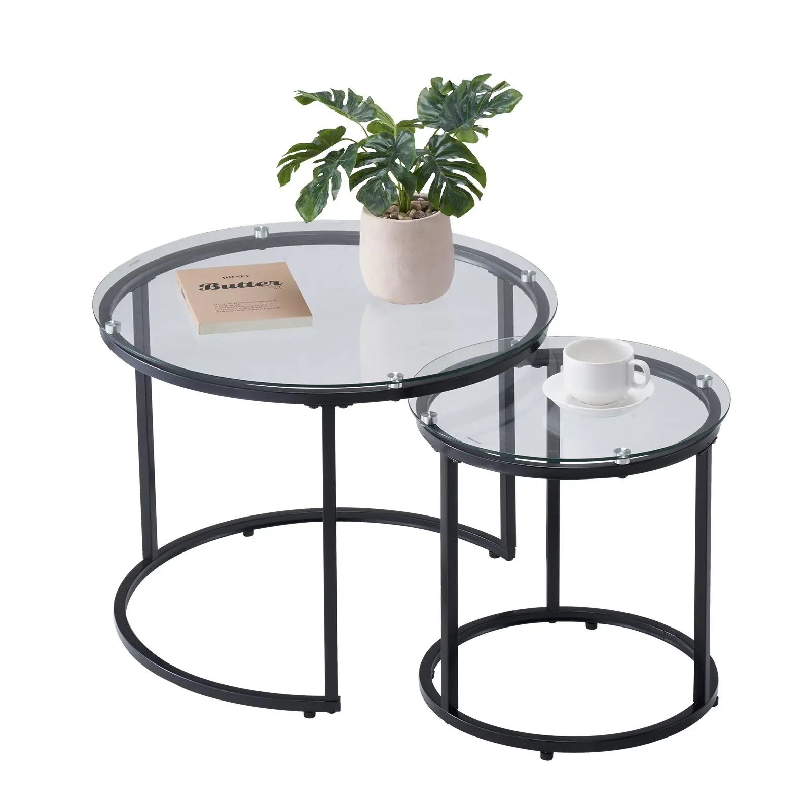 Set of 2 Round Tempered Glass Nesting Coffee Tables, 23.6in Stackable Nest Side End Tables with Carbon Steel Frame, Multi Use Nightstand for Tiny Living Room Bedroom Balcony Office