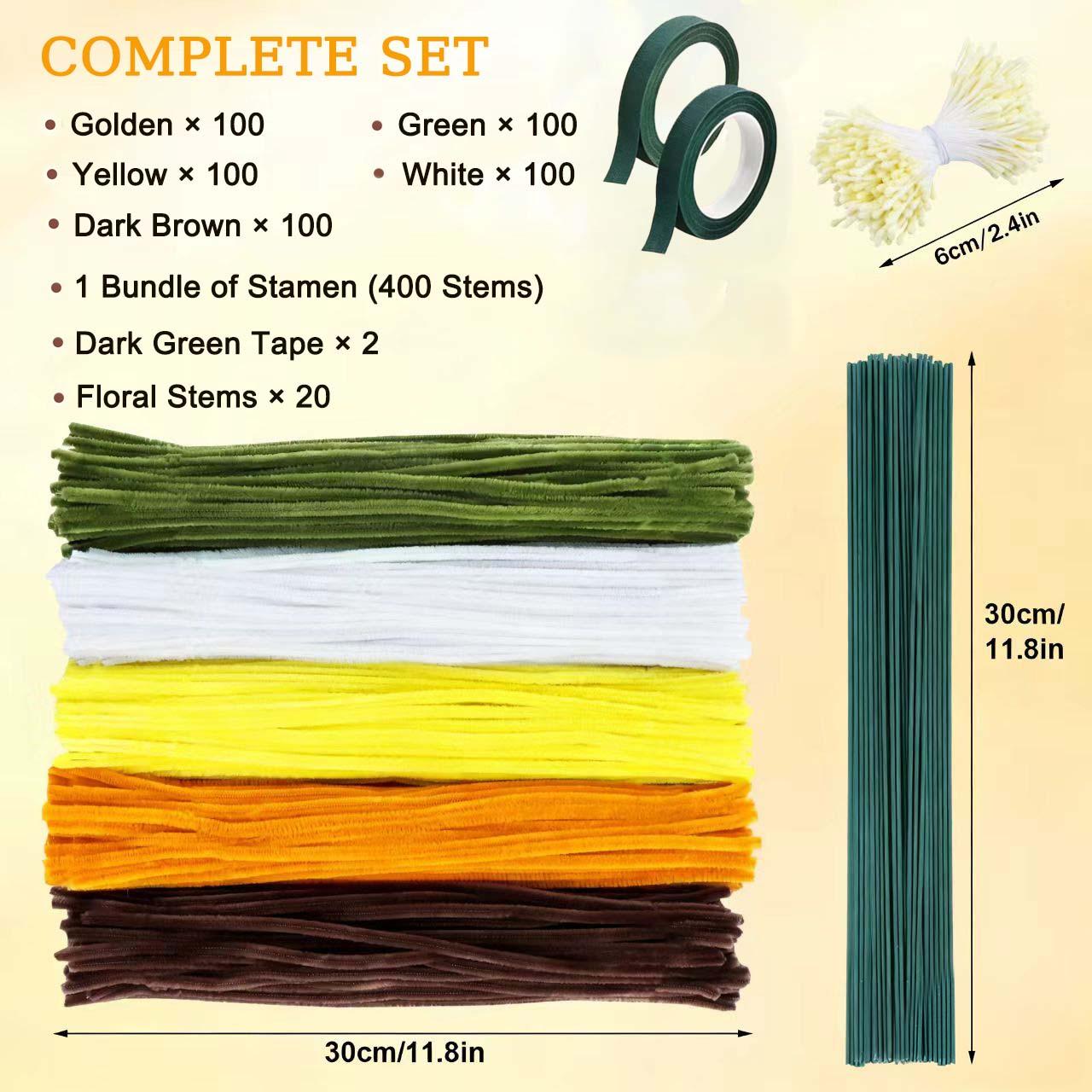 500PCS Pieces Sunflower Color Pipe Cleaners Chenille Stems for Flowers Craft Supplies Bulk Fluffy Fuzzy Sticks for DIY Art Projects Creative Gift Wrapping Party Decorations