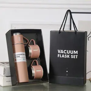 500ml/16.90z Hot Drink Cup Set - 3 Small Cups Gift Box for Coffee & Cold Beverages 304 Stainless Steel Portable Insulated Mug Lid Vacuum Flasks Black Thermos Cup