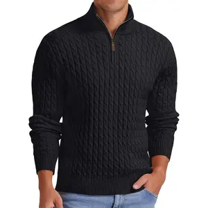 Askdeer Men's Quarter Zip Pullover Sweater Cable Knit Mock Neck Polo Sweater Classic Casual Sweater with Ribbing Edge