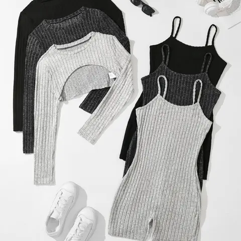 Women's Solid Ribbed Crop Top & Romper Set, Casual Basic Fashion Minimalist Cozy Top & Romper for Daily Outdoor Wear, Ladies Clothes for All Seasons, Fitted, Fitted Sleeveless Romper, Knit Romper, Womenswear, Knitted Romper, Fitted Rompers