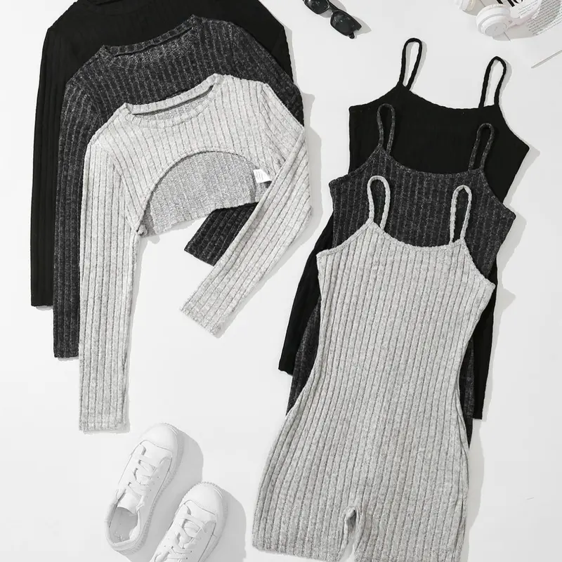 Women's Solid Ribbed Crop Top & Romper Set, Casual Basic Fashion Minimalist Cozy Top & Romper for Daily Outdoor Wear, Ladies Clothes for All Seasons, Fitted, Fitted Sleeveless Romper, Knit Romper, Womenswear, Knitted Romper, Fitted Rompers