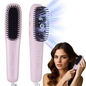 2 in 1 Portable  Hair Straightener Brush for Travel ,Mini Hair Straightener Comb with Negative Ion,Hair Straightener Brush Hot Comb for Women, 3 Temp-Setting,Touch Up On-The-Go, Fast Heating,Anti-scald Design