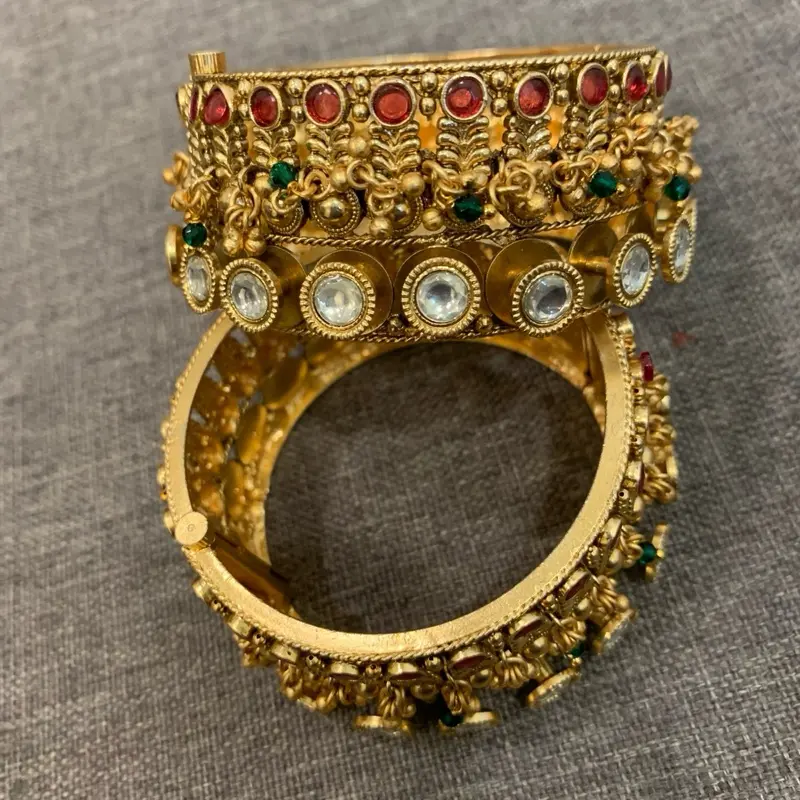 Broad Gold Kara Set with Polki Stones and Bells Designs for Women Traditional Indian Jewelry