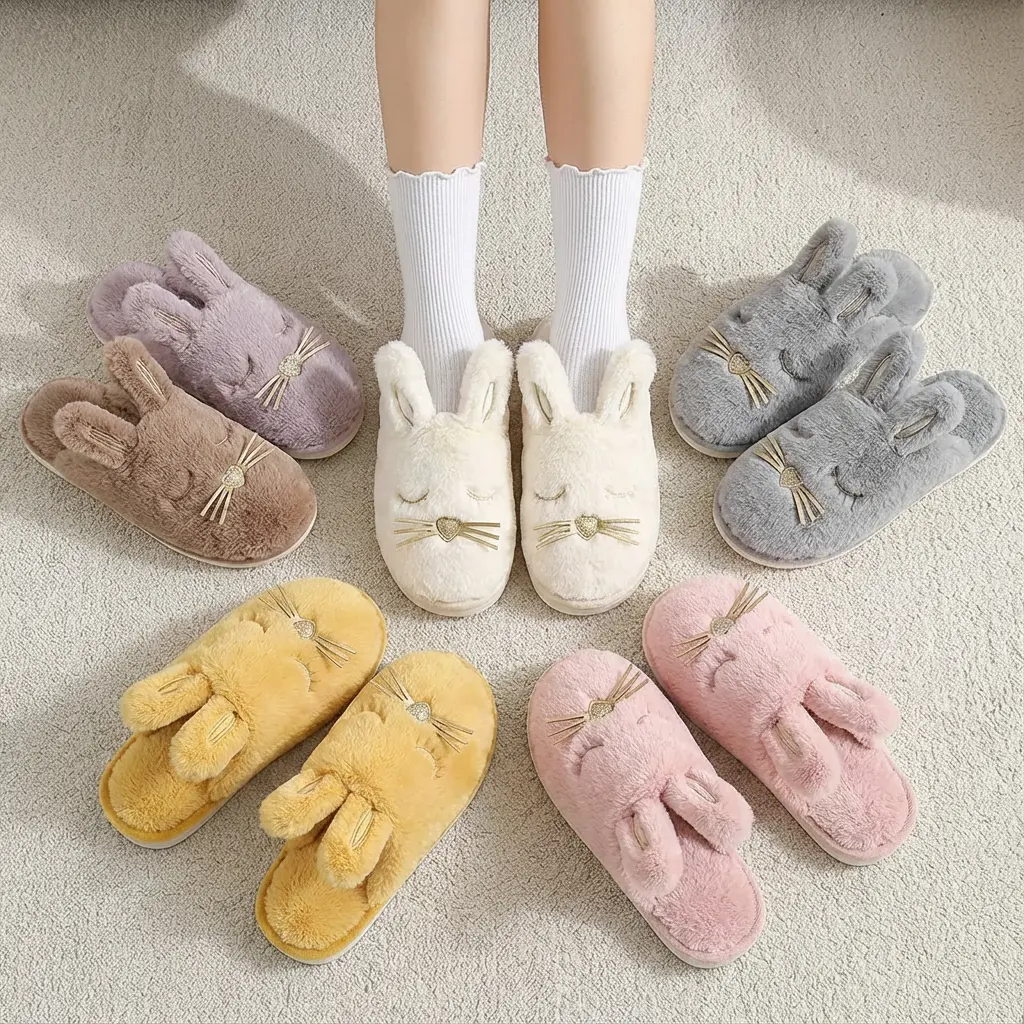 Women's Cute Bunny Slippers with Gold Whiskers & Heart Detail, Ultra-Plush Cozy Cloud-Like Home Footwear, House Slippers, Indoor Slippers