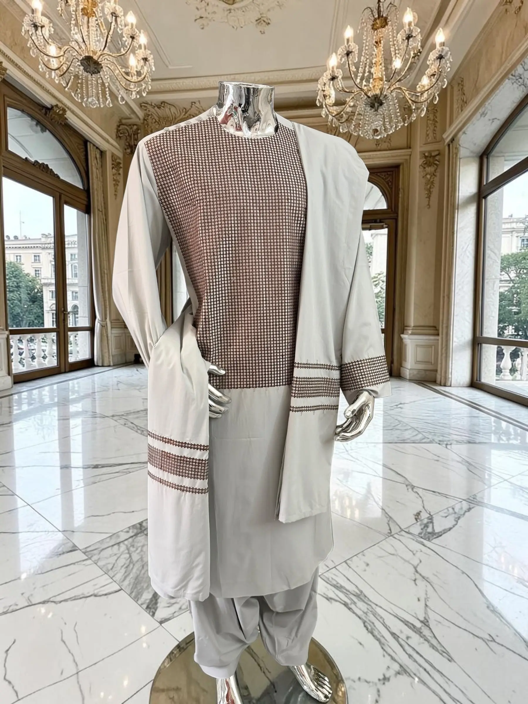 X-Large Premium Gray Parahan Tunban Set with Brown Machine Embroidery
