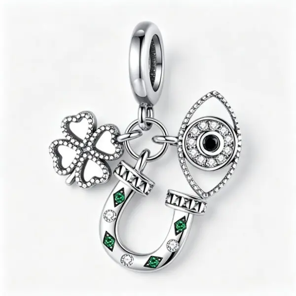 Lucky Horseshoe Four Leaf Clover Evil Eye Dangle Charm for Bracelet, Silver Plated Pave Cubic Zirconia DIY Jewelry Making Pendant, Good Luck Protective Symbol Charm Gift for Women Bracelet Necklace
