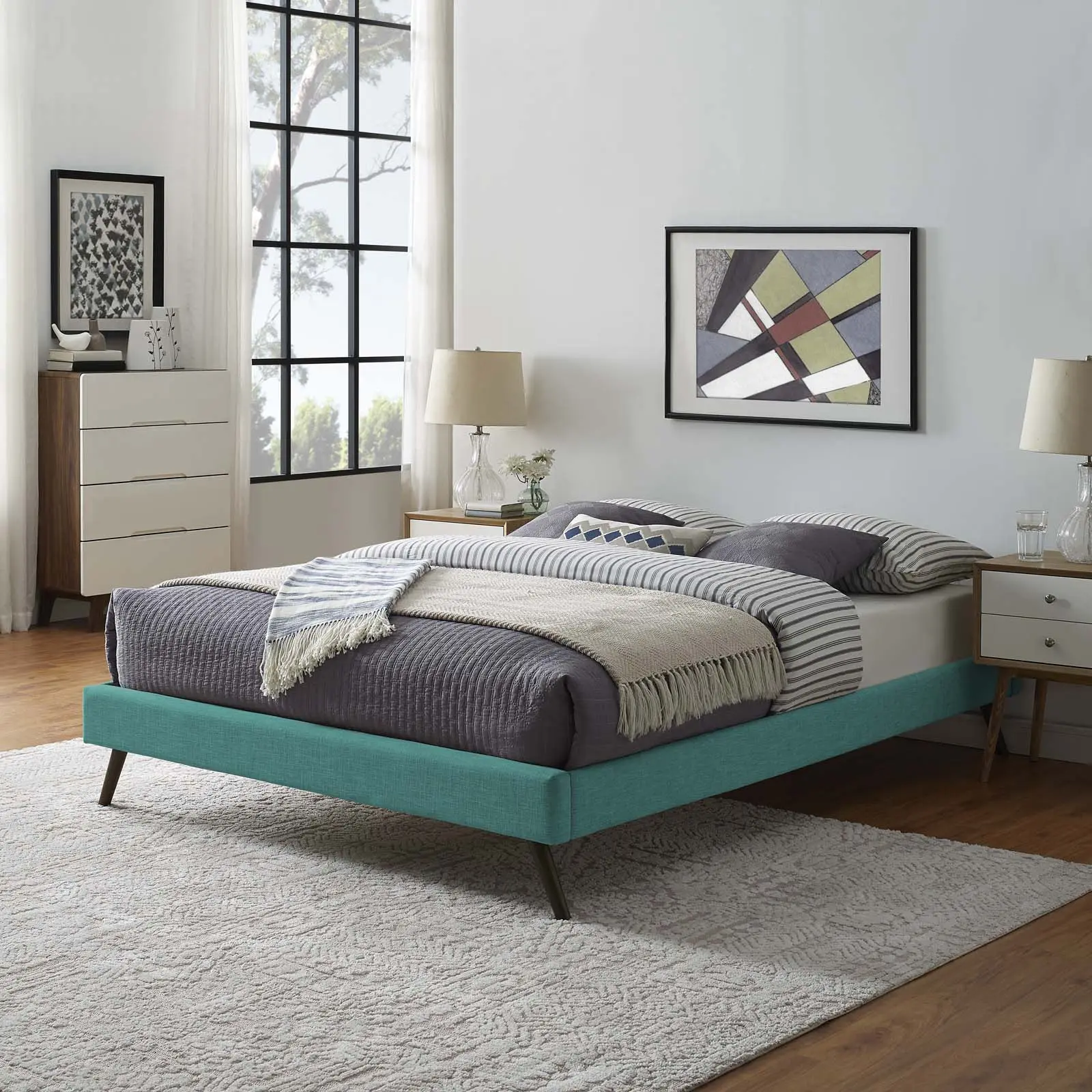 Modway Loryn Sturdy Full Fabric Platform Bed Frame - Minimalist Contemporary Fabric Material Bed Frame for Modern Bedroom with Round Splayed Legs, Teal