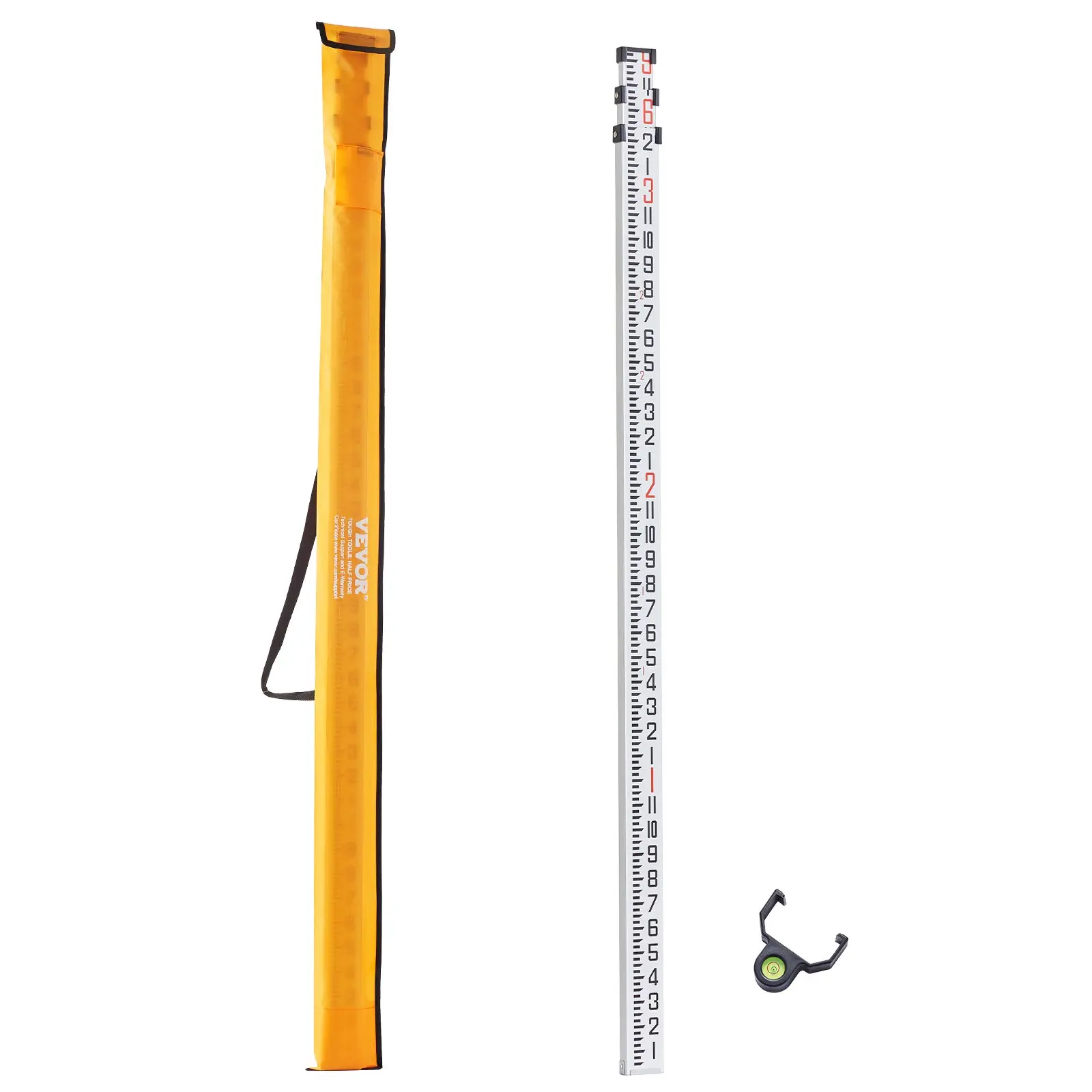 VEVOR Aluminum Grade Telescopic Leveling Rod (9 ft-8 ths, 9ft/2.74m), 3 Adjustable Sections, Dual-Sided 1/8in Scales, Bubble Level, Weatherproof Ink, 1.50lbs, 108.58x2.01x1.02in, Compact Bag, Water-Resistant, for Construction Lasers, Floors, Houses
