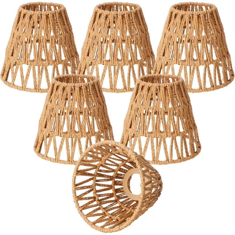 6-Pack Rattan Lamp Shades, Boho Wicker Clip-On Lampshade Covers, Small Farmhouse Basket Shade Replacement for Table/Chandelier Lights, Natural Decor