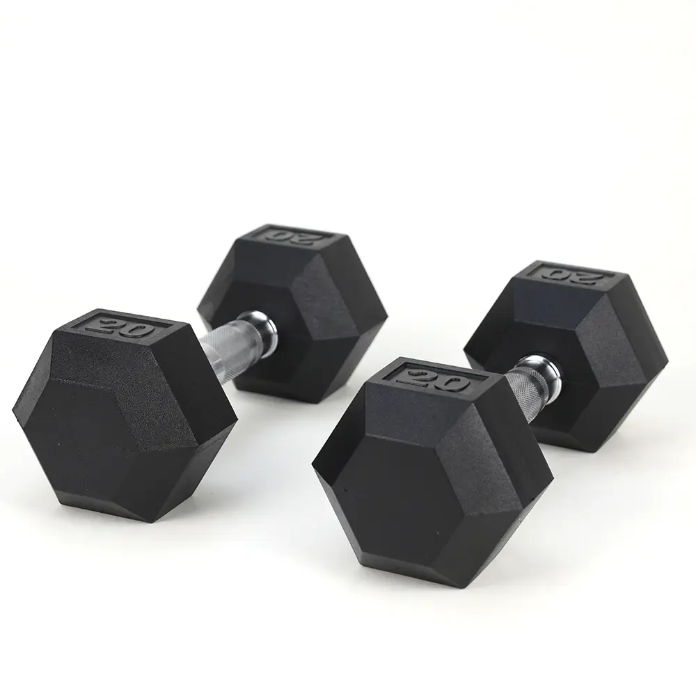 20lbs Total Hexagonal Rubber Dumbbells (Set of 2) with Knurled Chrome Grip, Solid Cast Iron Weights for Home Gym Full Body Workout