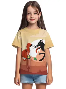 Western Style Little Red Riding Hood and Wolf Digital Printing Summer Fashion Girls' Clothing, 100% Polyester Designed for Energetic Children, Cute Girls' Short-Sleeve T-Shirts, Summer Casual Children's Clothing, Outdoor Sports T-Shirts