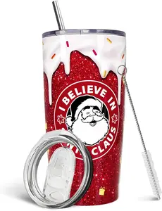 20 oz Insulated Stainless Steel Tumbler Water Bottle - Portable Drinkware with Lid, Straw, Santa Claus Red Design for Christmas, New Year Holidays