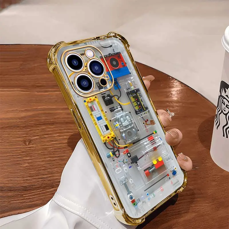 Applicable to iPhone16 15 14 13 12 11 Pro Max X Xs XR 6 6s 7 8 Plus mobile phone case, four corners anti-drop belt bracket circuit diagram mobile phone case,-SJDL