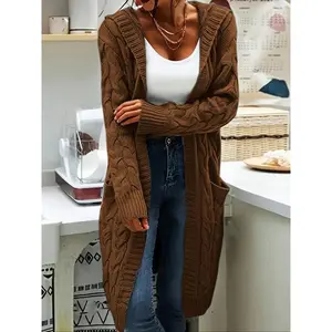 ElegantPlusSizeHoodedKnitCardigan,LongSleeveButtonPocketSweaterCoat,CasualPlainColorWomen'sFashionOuterwear