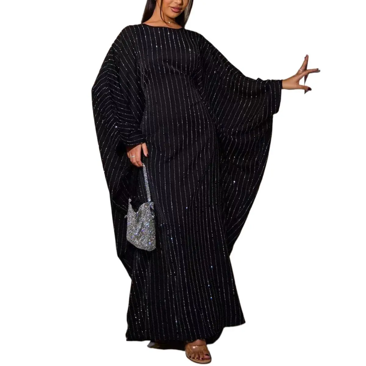 Muslim Women Dubai Luxury Abaya Faftan Loose hot fix rhinestone Bat Sleeve Long Dress Ramadan Robe Femme Islam Evening Dresses