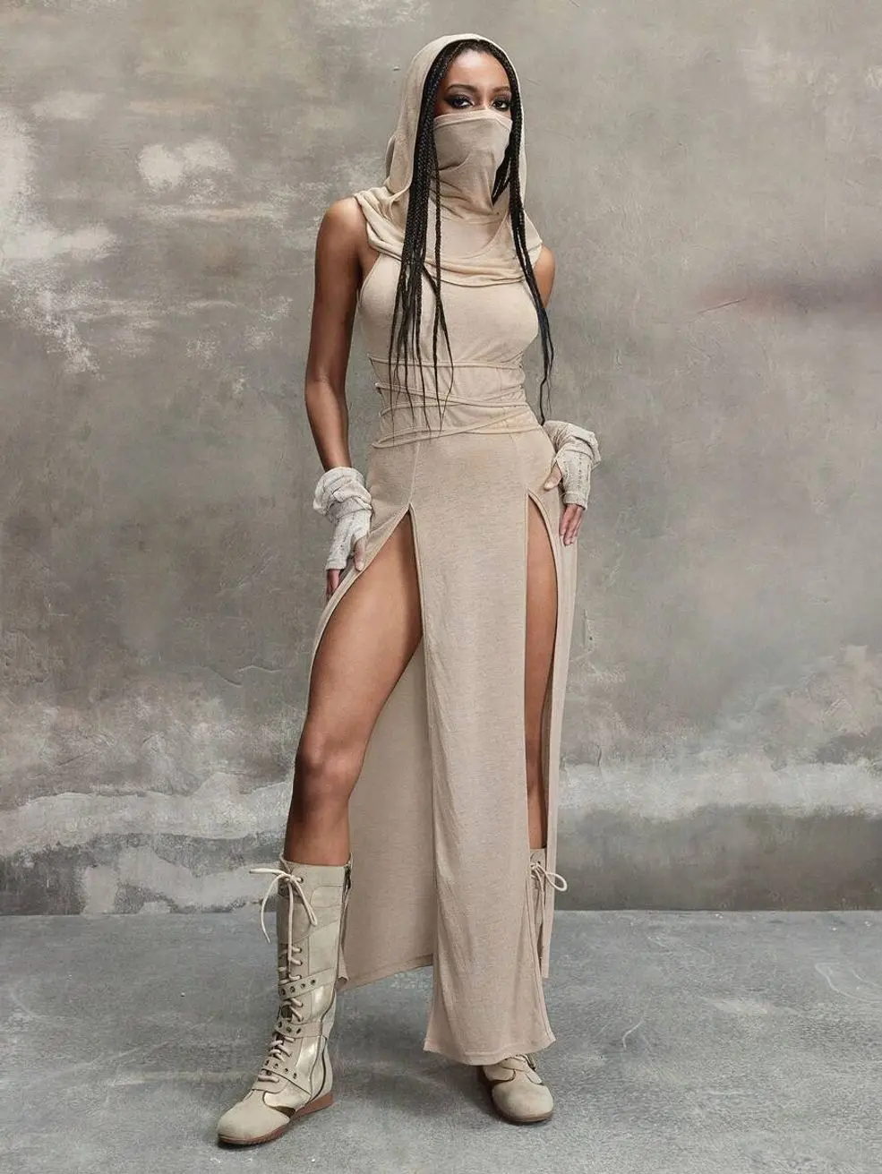 Women's Grunge Punk Y2K Hooded Dress, Vintage Apocalyptic High-Slit Mini Dress, Dark Gothic Streetwear Outfit for Party, Club Night, Concert, Festival, Halloween & Alternative Fashion