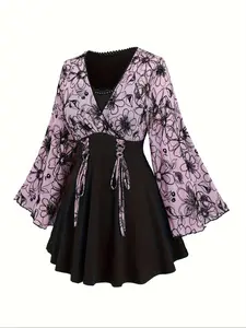 【Plus Size】 Patchwork Floral Print Lace Up Flounce Sleeve Tee, Elegant Long Sleeve Top for Fall & Winter, Women's Clothes for Daily Vacation Party