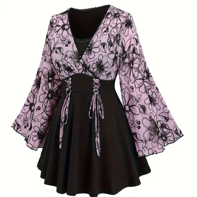 [Plus Size]  Patchwork  Floral Print Lace Up Flounce Sleeve Vneck Jersey Tee Blouse Fitted, Elegant Long Sleeve Top for Fall & Winter, Women's Clothes for Daily Vacation Party, Boho Tie Top Print Blouses