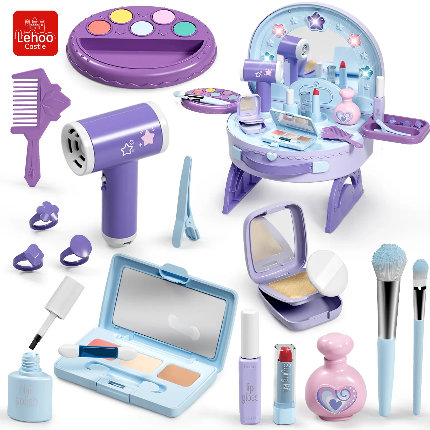 Princess Pretend Play Vanity Set for Little Girls - BPA-Free, with Makeup Accessories, Lights, Music, Electric Hairdryer, Anime & Manga Themed, Supports Children Development, Little Gifts for Girls, Christmas/Birthday Gifts for 3-8 Year Olds